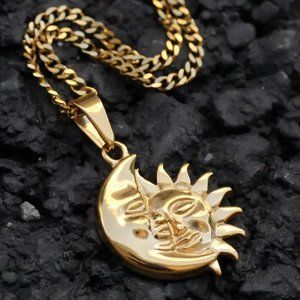 Gold Sun Moon Star Celestial Necklace Stainless Steel Pendant 24" Chain, Elegant